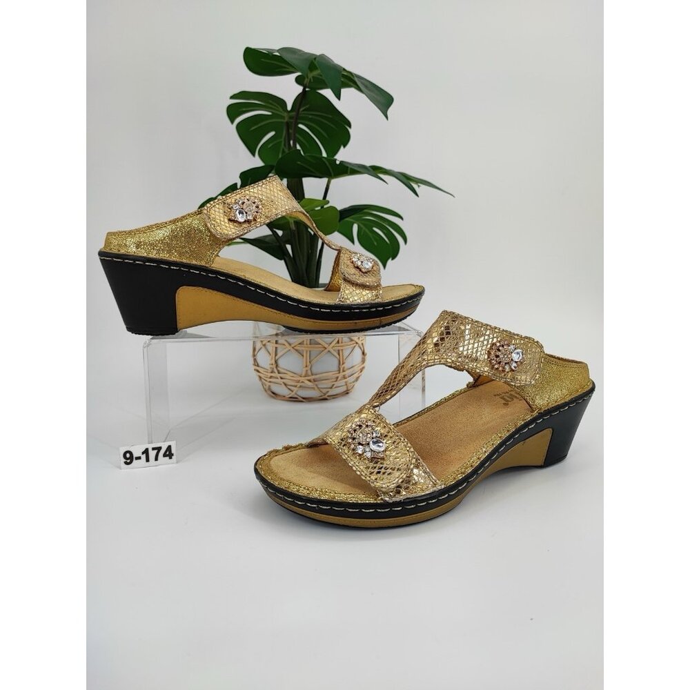 Alegria Women’s PG Lite Lar Wedge Gold Leather Bead Snake Print Sandals Size 9US